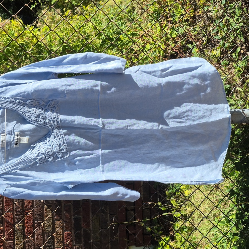 MALVIN I Love Linen Light Blue Crochet Trim Tunic Dress Coverup 3/4 Sleeve L